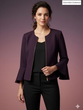 Calvin Klein Women's Collarless Crew Neck Flared Jacket Purple Size 4